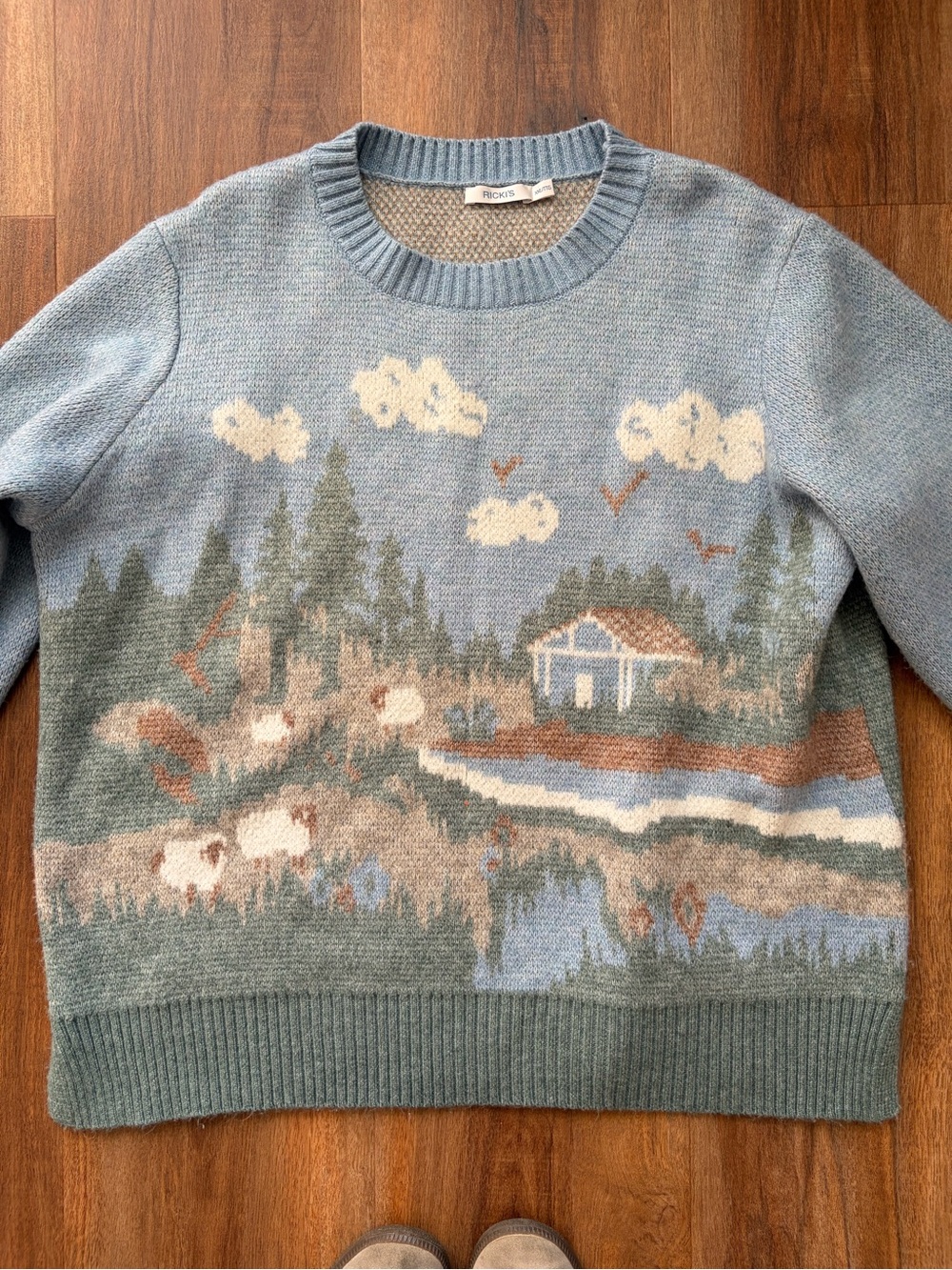 Ricki’s Scenic Landscape Sweater Blue Cottagecore Knit Granola Gorpcore Crunchy - Picture 5 of 9